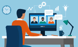 illustration of a man sitting at a desk watching people on a computer screen in a virtual meeting